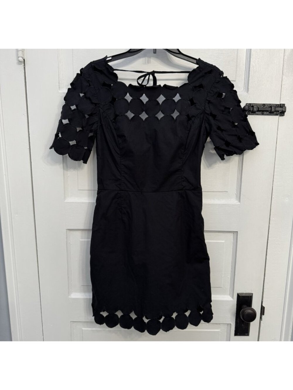 Anthropologie Black Laser Cut Circle Cutout Scalloped Mini Dress Size 4